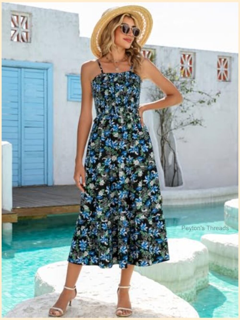 Women's Smocked Tiered Maxi Dress with Spaghetti Straps - Flowy Boho Sundress - Picture 3 of 7